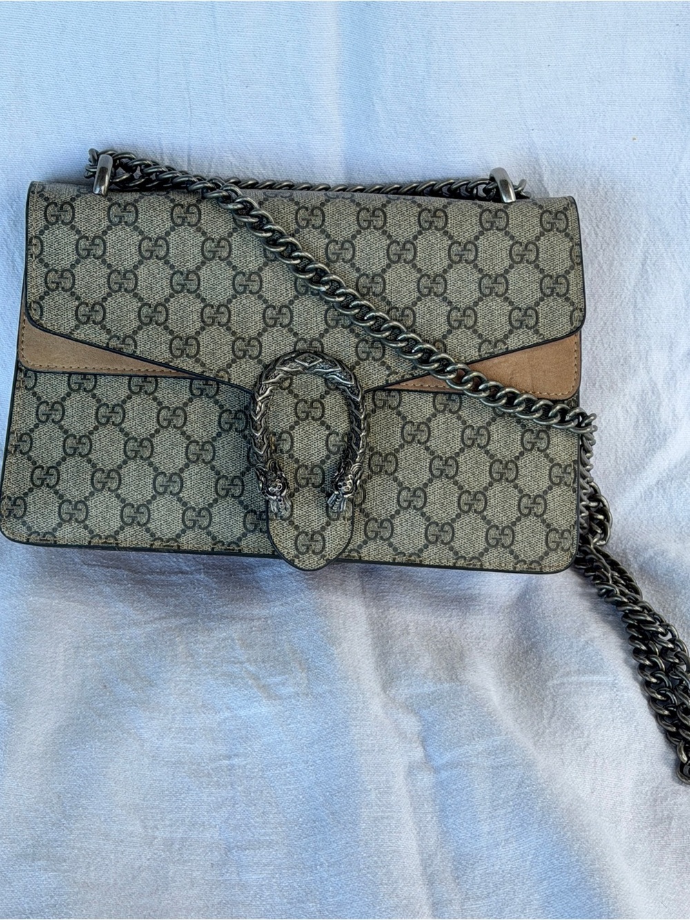 Gucci GG Supreme Beige and Tan Shoulder Bag with Silver Hardware